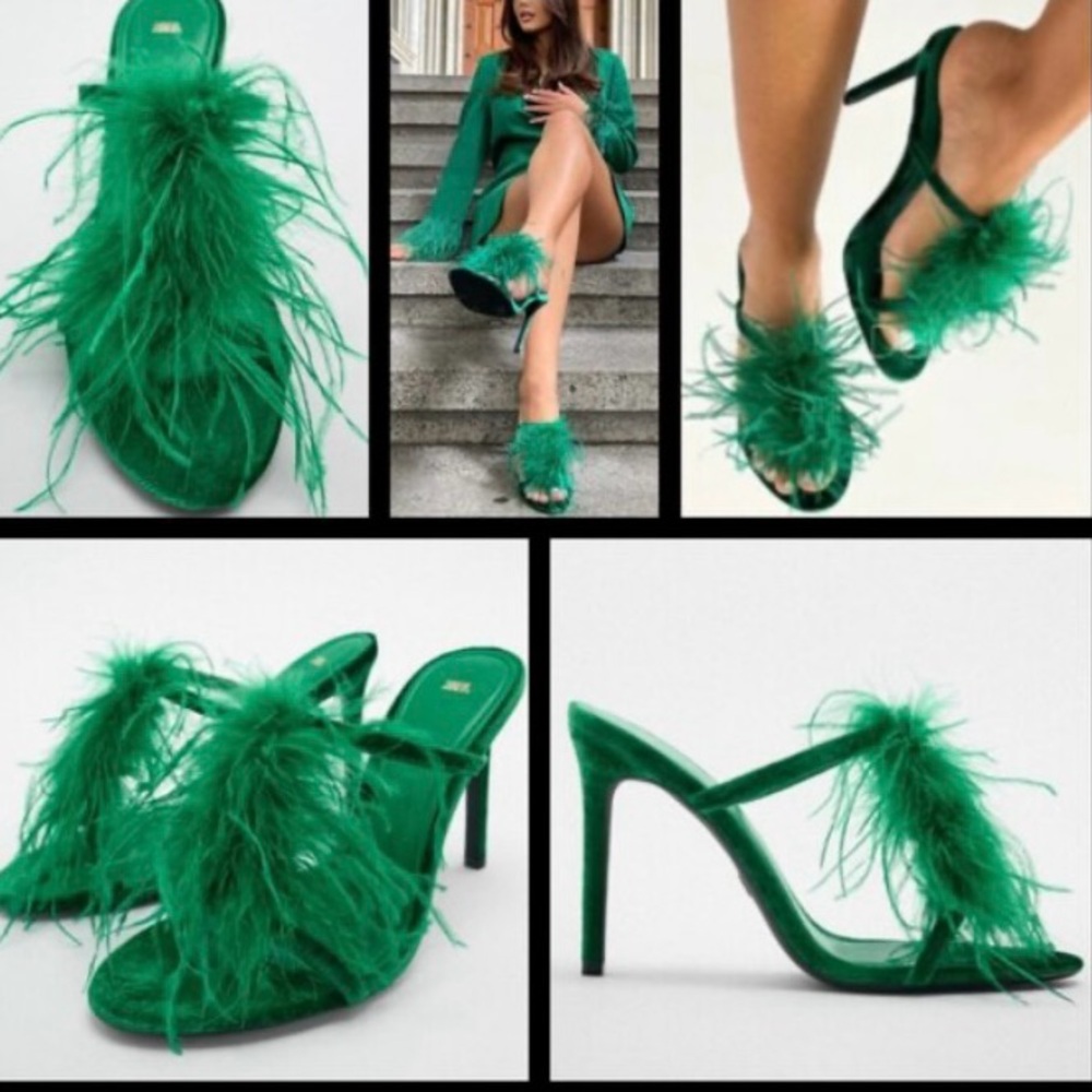 $119. Zara Green Velvet Feather Heels. NWT. Size U.S. 6/EU 36.